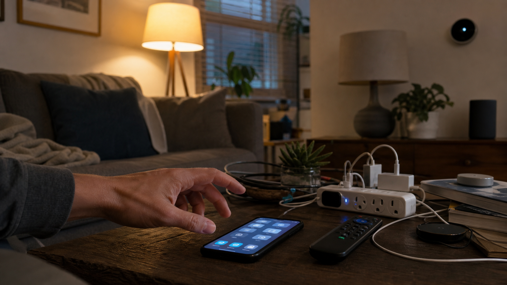 Sala de casa com automação demais pedindo atenção em vez de aliviar a rotina.