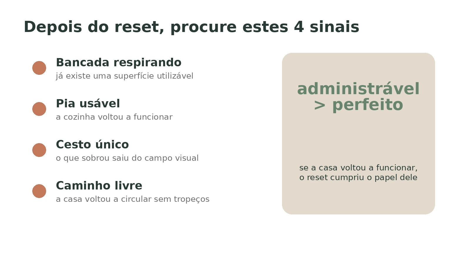 Exemplo de rotina visual com cesta de recolhimento, bancada liberada, pia destravada e caminho livre após um reset curto.