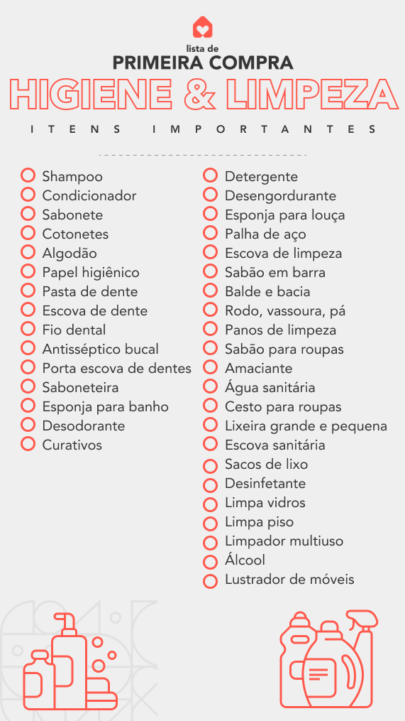 Lista de compras impressa com seções de despensa, limpeza e higiene para facilitar a reposição da casa.