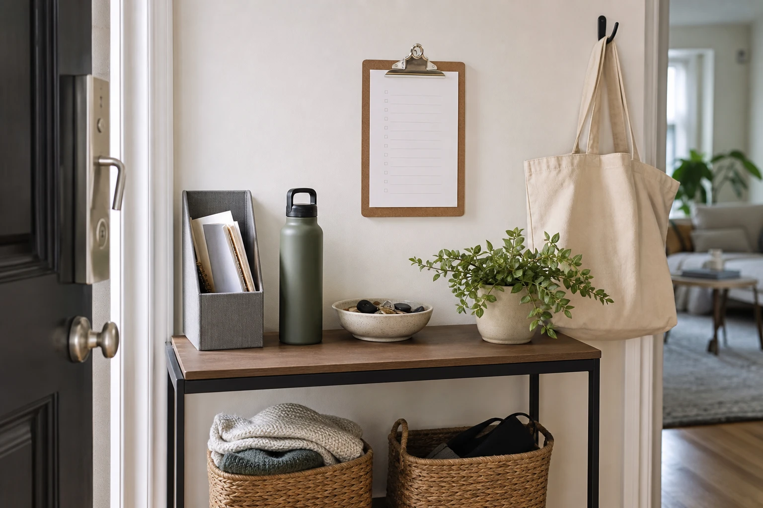 Área de apoio perto da porta com checklist, documentos, bolsa e pequenos objetos organizados para reduzir esquecimentos.