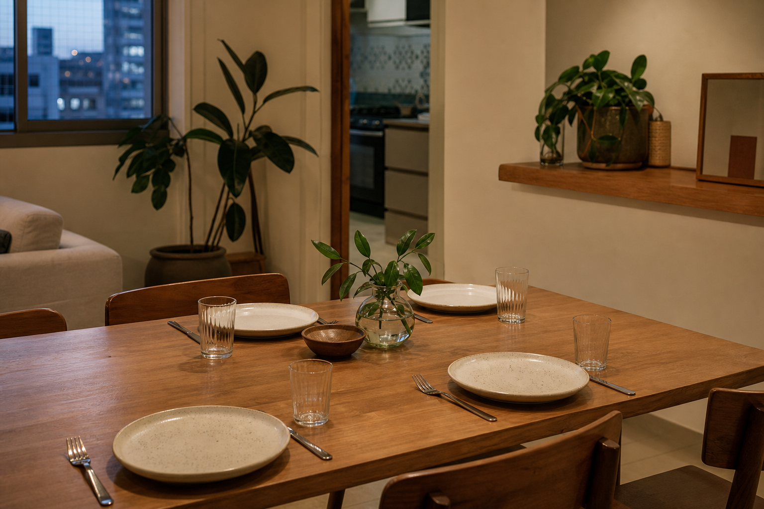Mesa de jantar já liberada depois de um reset rápido, pronta para refeição simples.
