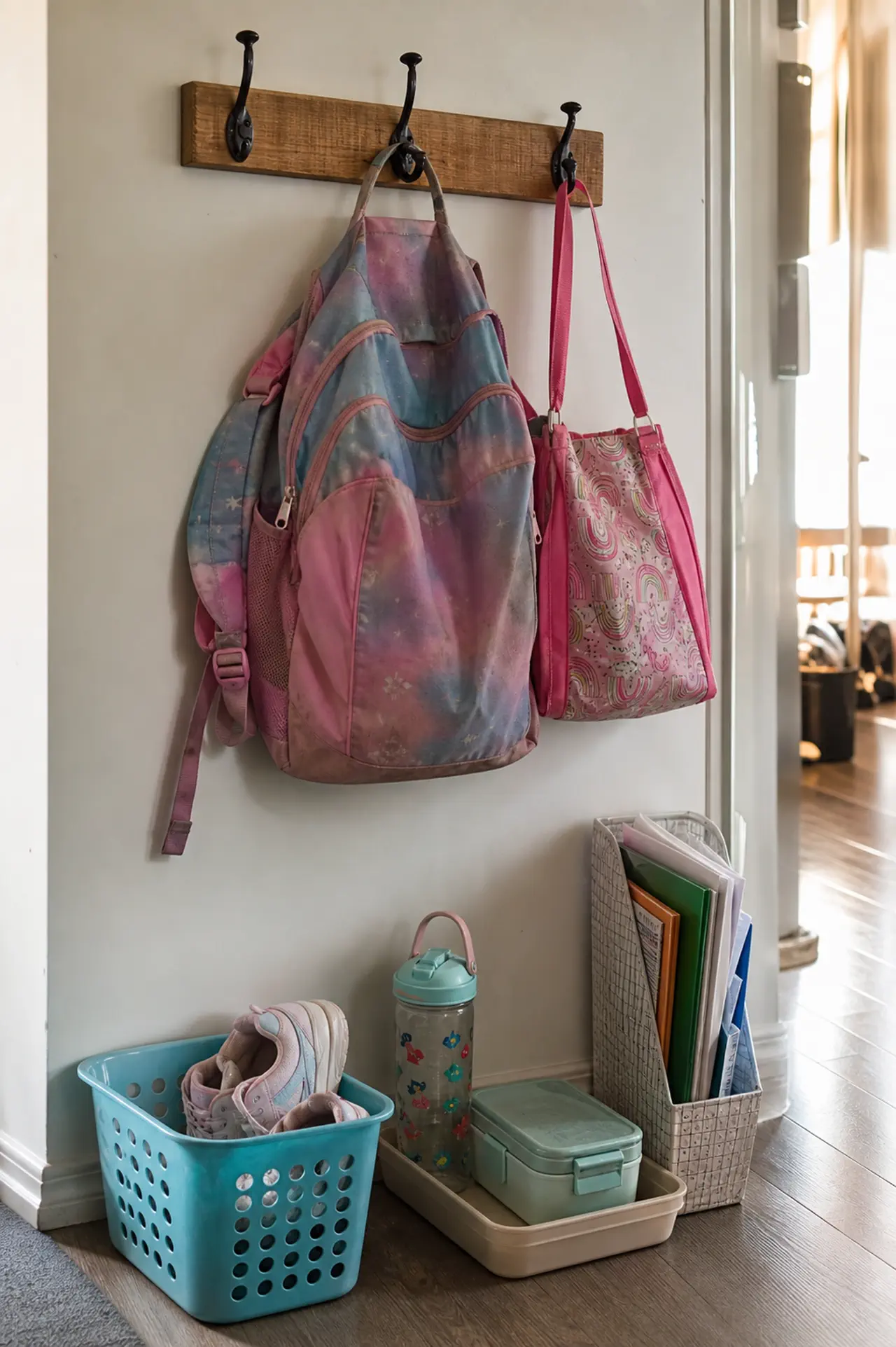 Ponto de apoio de pós-escola com gancho para mochila, bolsa de atividade, cesto para recados e bandeja para lancheira.