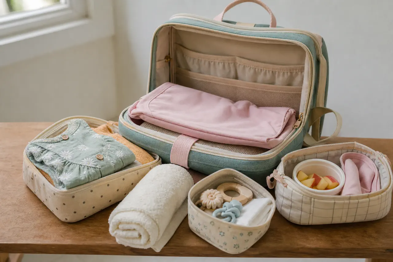 Bolsa de atividade infantil aberta com pochetes ou saquinhos separados para roupa, snack e acessórios pequenos.