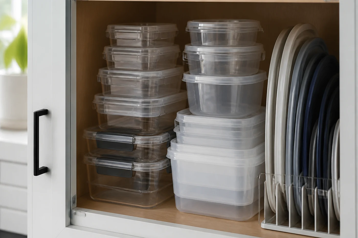 Armário de cozinha com potes transparentes empilhados por tamanho e tampas guardadas na vertical.