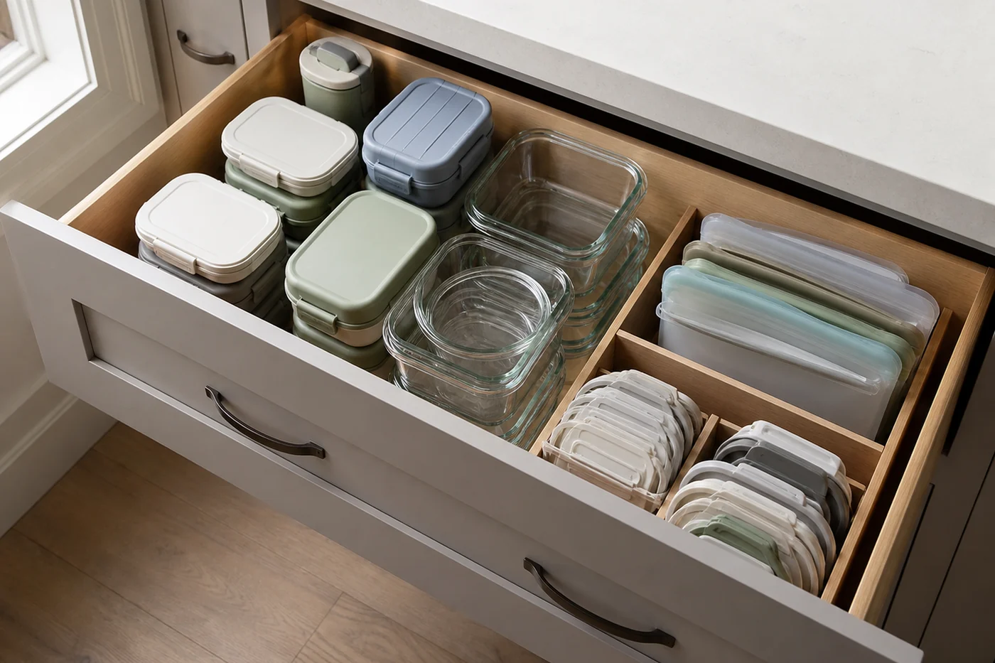Gaveta funda com lunchboxes, potes de vidro, sacos reutilizáveis e tampas separadas em divisórias.