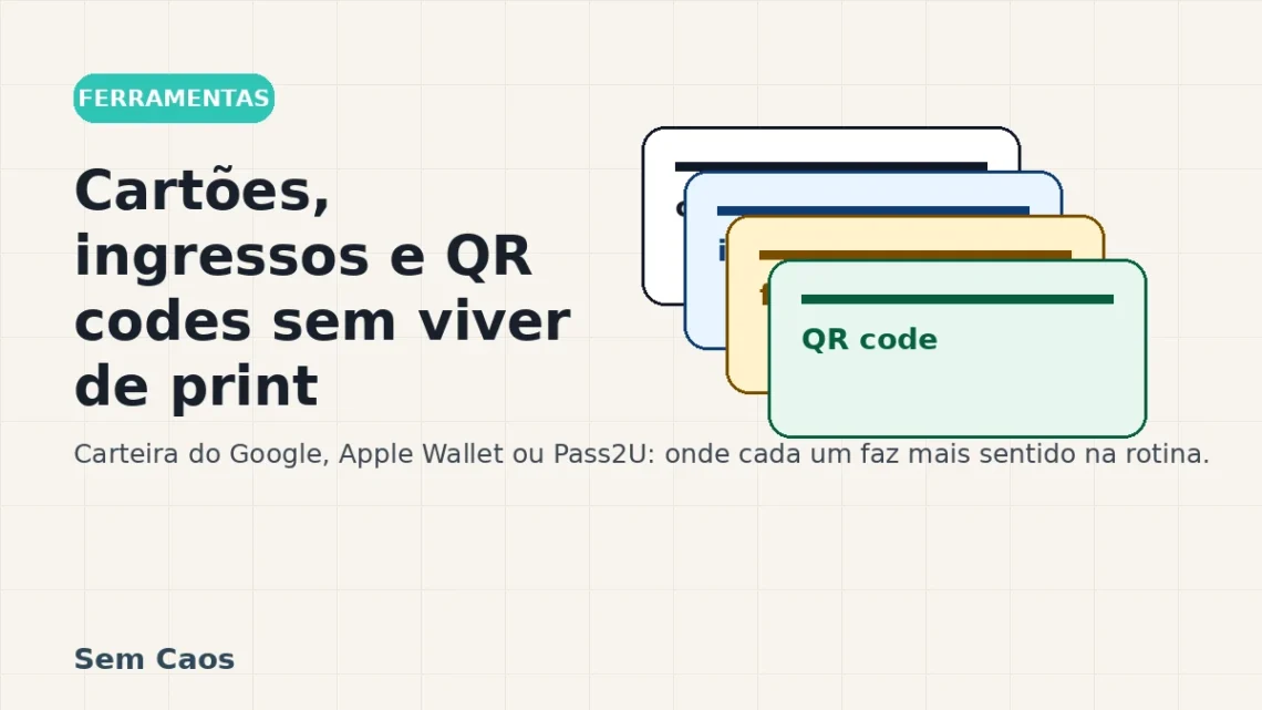 Cartões digitais sobrepostos representando cartões de fidelidade, ingressos e QR codes organizados no celular.