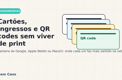 Cartões digitais sobrepostos representando cartões de fidelidade, ingressos e QR codes organizados no celular.