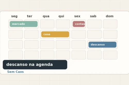 Calendário semanal simples com blocos de mercado, casa, contas e descanso