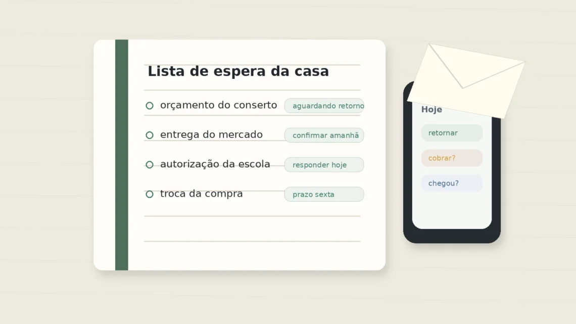 Caderno com lista de espera da casa ao lado de celular e envelope, representando pendências aguardando resposta.