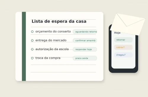 Caderno com lista de espera da casa ao lado de celular e envelope, representando pendências aguardando resposta.