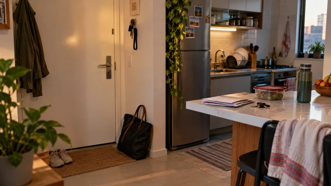 Entrada e cozinha de apartamento no fim do dia, com bolsa, chaves e pequenas pendências visíveis.