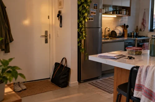 Entrada e cozinha de apartamento no fim do dia, com bolsa, chaves e pequenas pendências visíveis.