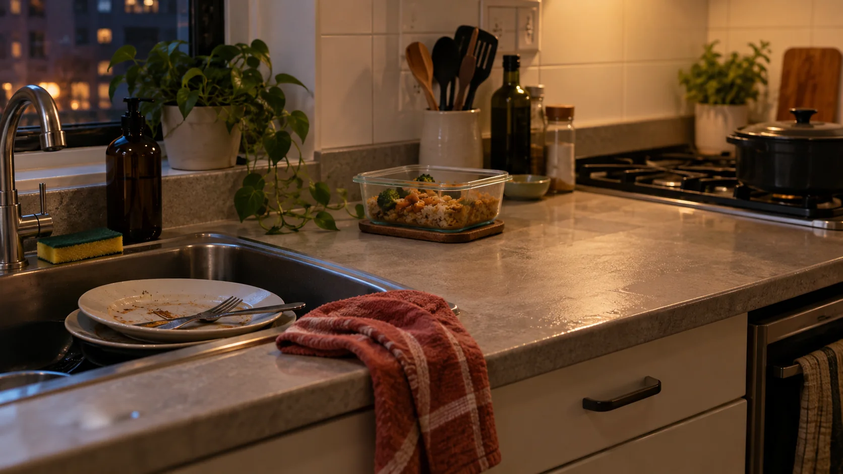 Bancada de cozinha no fim do dia com louça leve, pote de comida e área limpa.