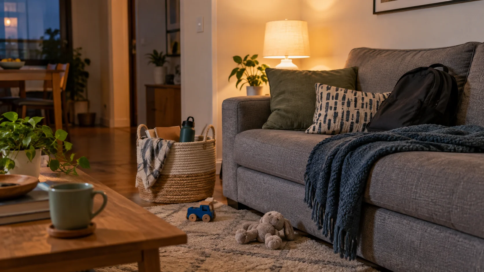 Sala pequena com mochila, brinquedos e cesto de recolhimento rápido.