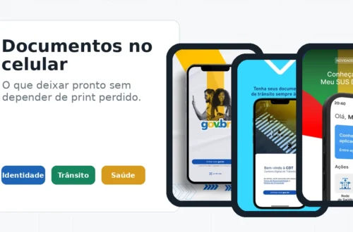 Documentos digitais no celular com gov.br, CNH do Brasil e Meu SUS Digital como exemplos práticos.