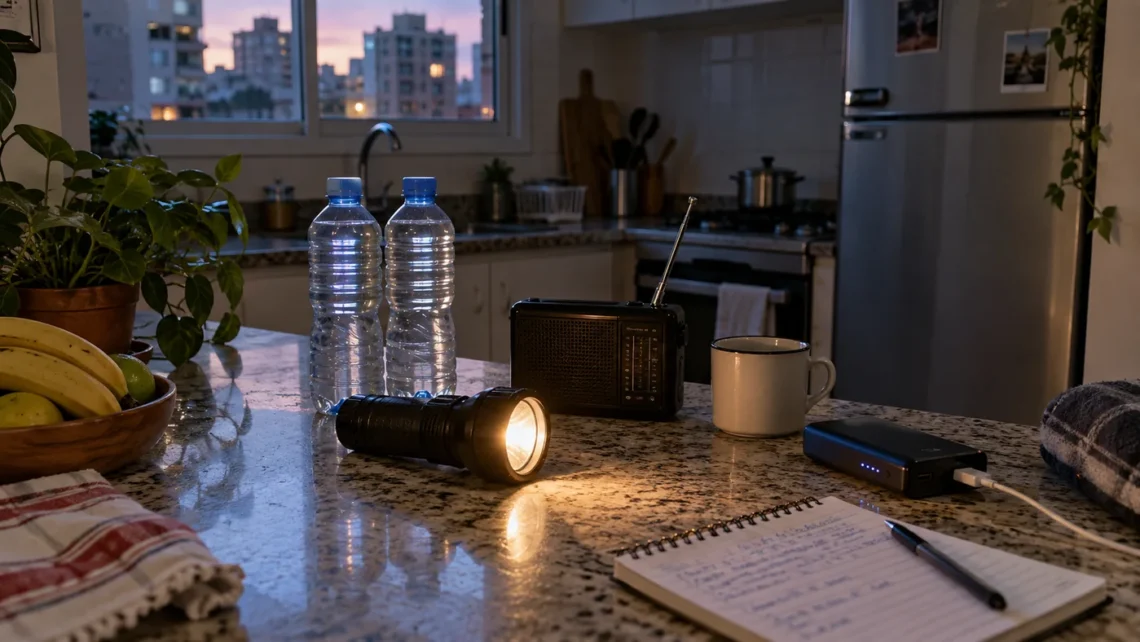 Kit simples para falta de energia em casa com lanterna, água, rádio e power bank na cozinha.