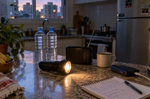 Kit simples para falta de energia em casa com lanterna, água, rádio e power bank na cozinha.