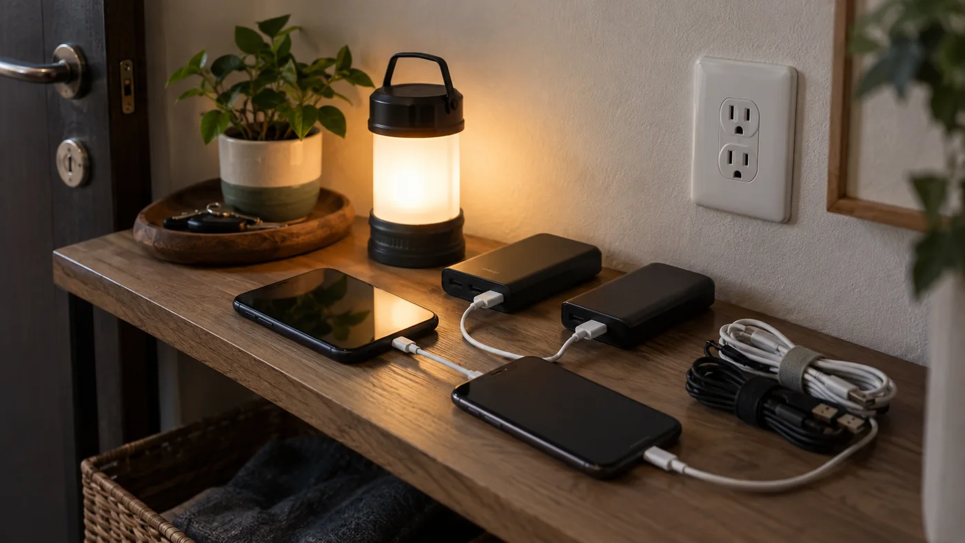 Celulares, power banks, cabos e lanterna carregando antes de falta de energia.