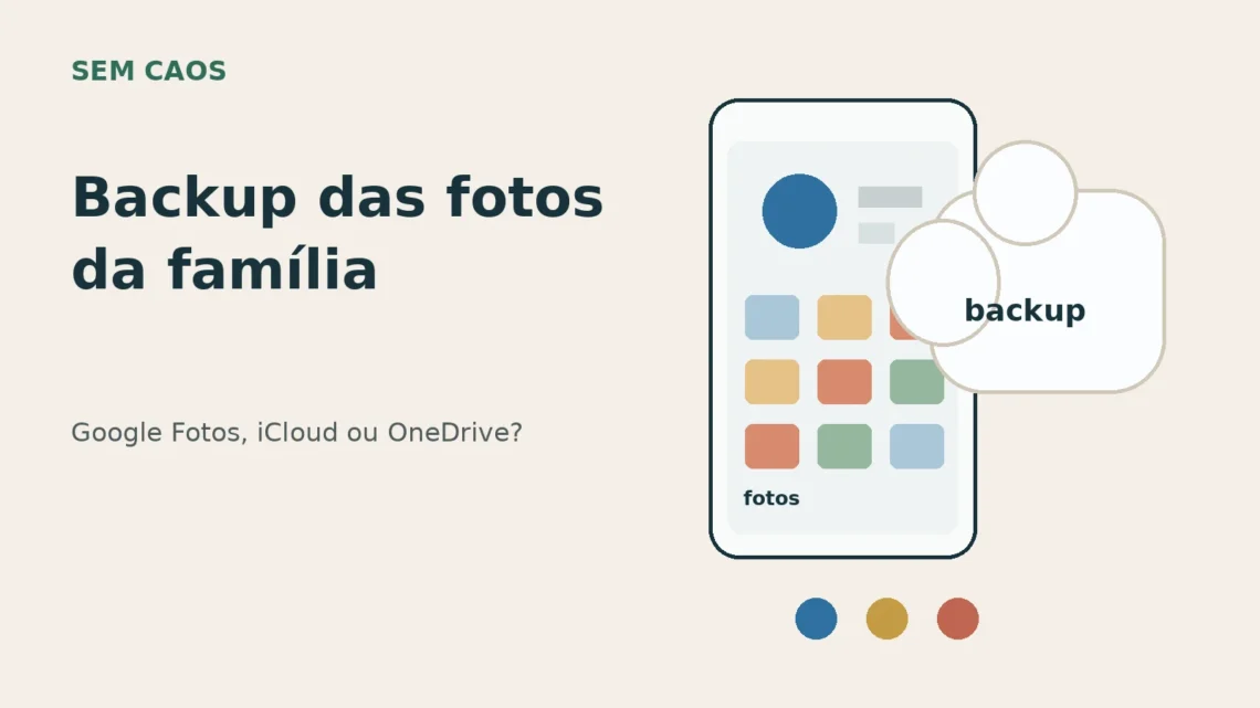 Card editorial sobre backup automático de fotos da família em Google Fotos, iCloud e OneDrive.