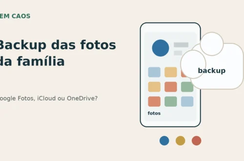 Card editorial sobre backup automático de fotos da família em Google Fotos, iCloud e OneDrive.
