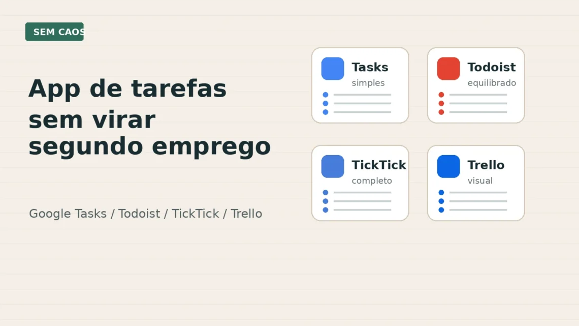Card do Sem Caos comparando Google Tasks, Todoist, TickTick e Trello.