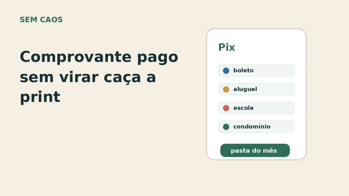 Card editorial sobre organizar comprovantes de Pix, boletos e transferencias sem procurar print depois.