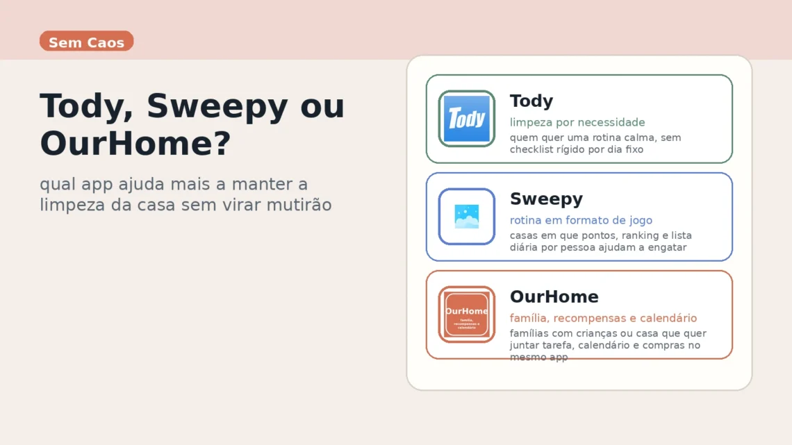 Card do Sem Caos comparando Tody, Sweepy e OurHome para manter a limpeza da casa sem virar mutirão.