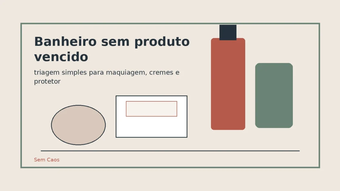 Cosméticos e maquiagem organizados em bancada de banheiro.