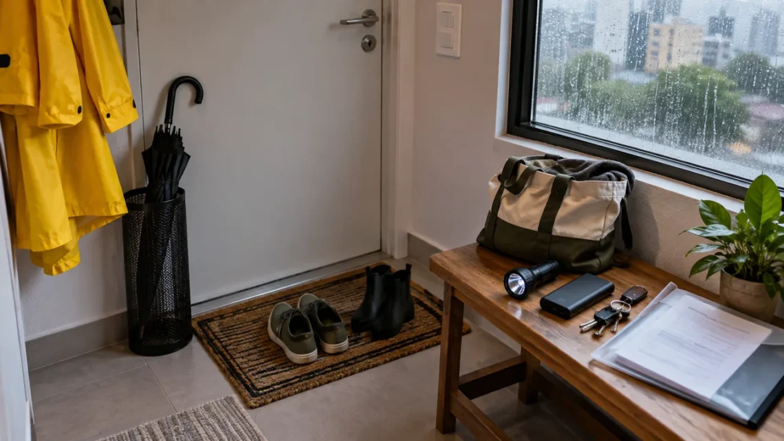 Entrada de apartamento preparada para chuva forte, com guarda-chuva, lanterna, carregador portatil, chaves e pasta de documentos.