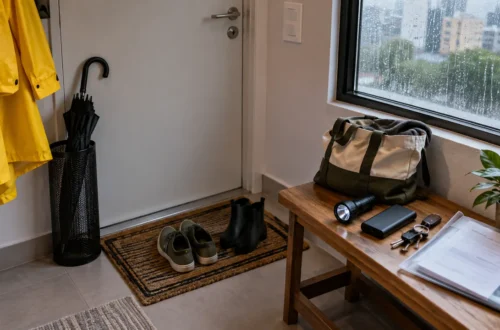 Entrada de apartamento preparada para chuva forte, com guarda-chuva, lanterna, carregador portatil, chaves e pasta de documentos.