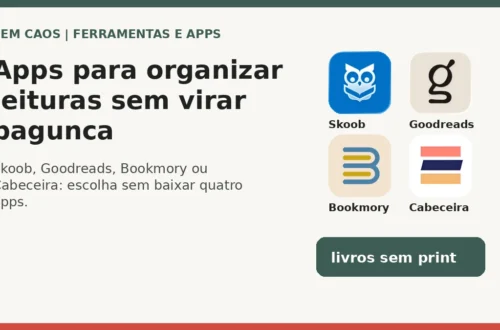 Capa do Sem Caos comparando apps para organizar leituras sem depender de prints.
