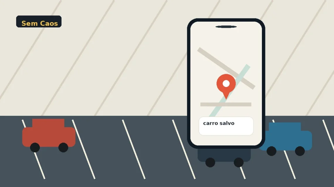 Pessoa olhando o celular em estacionamento aberto com mapa e vaga marcada.