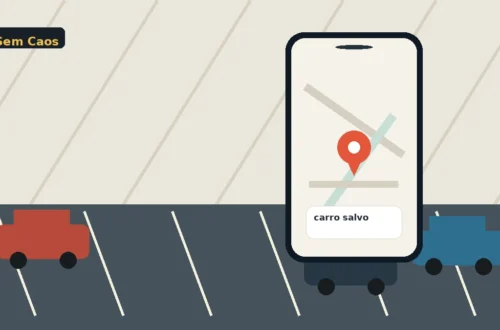 Pessoa olhando o celular em estacionamento aberto com mapa e vaga marcada.