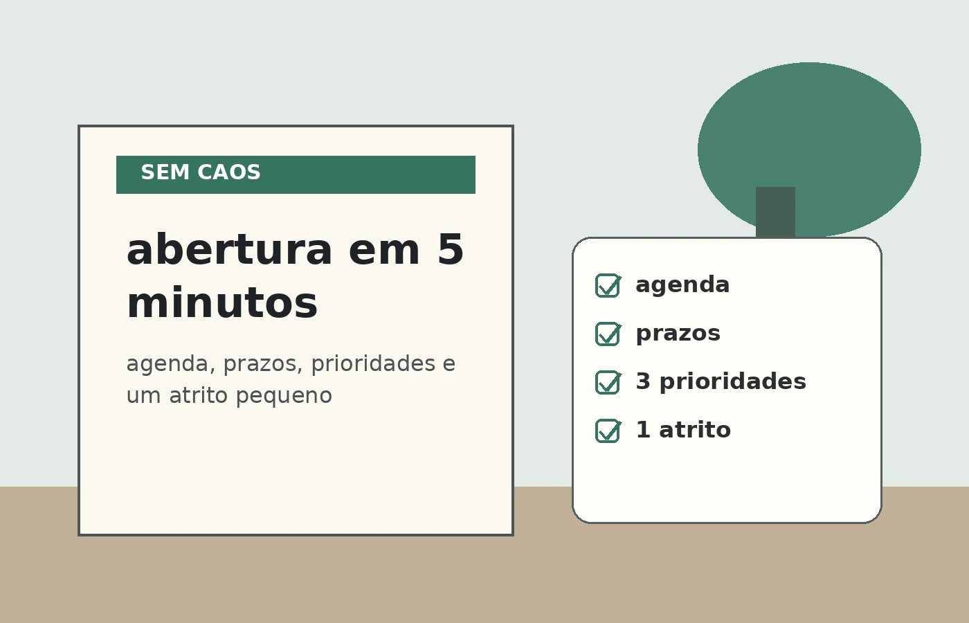 Checklist curta de abertura do dia com calendário, pendências e três prioridades.
