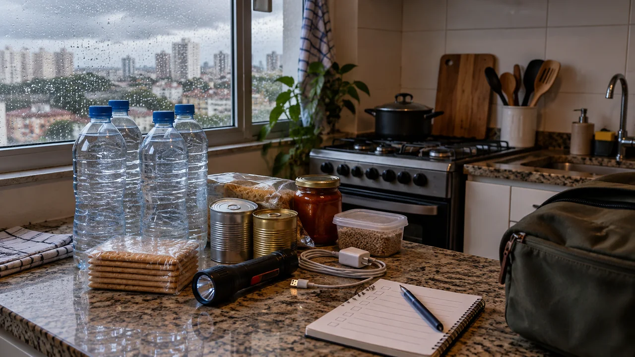 Bancada de cozinha com agua, comida simples, lanterna e carregador separados para um dia de chuva forte.