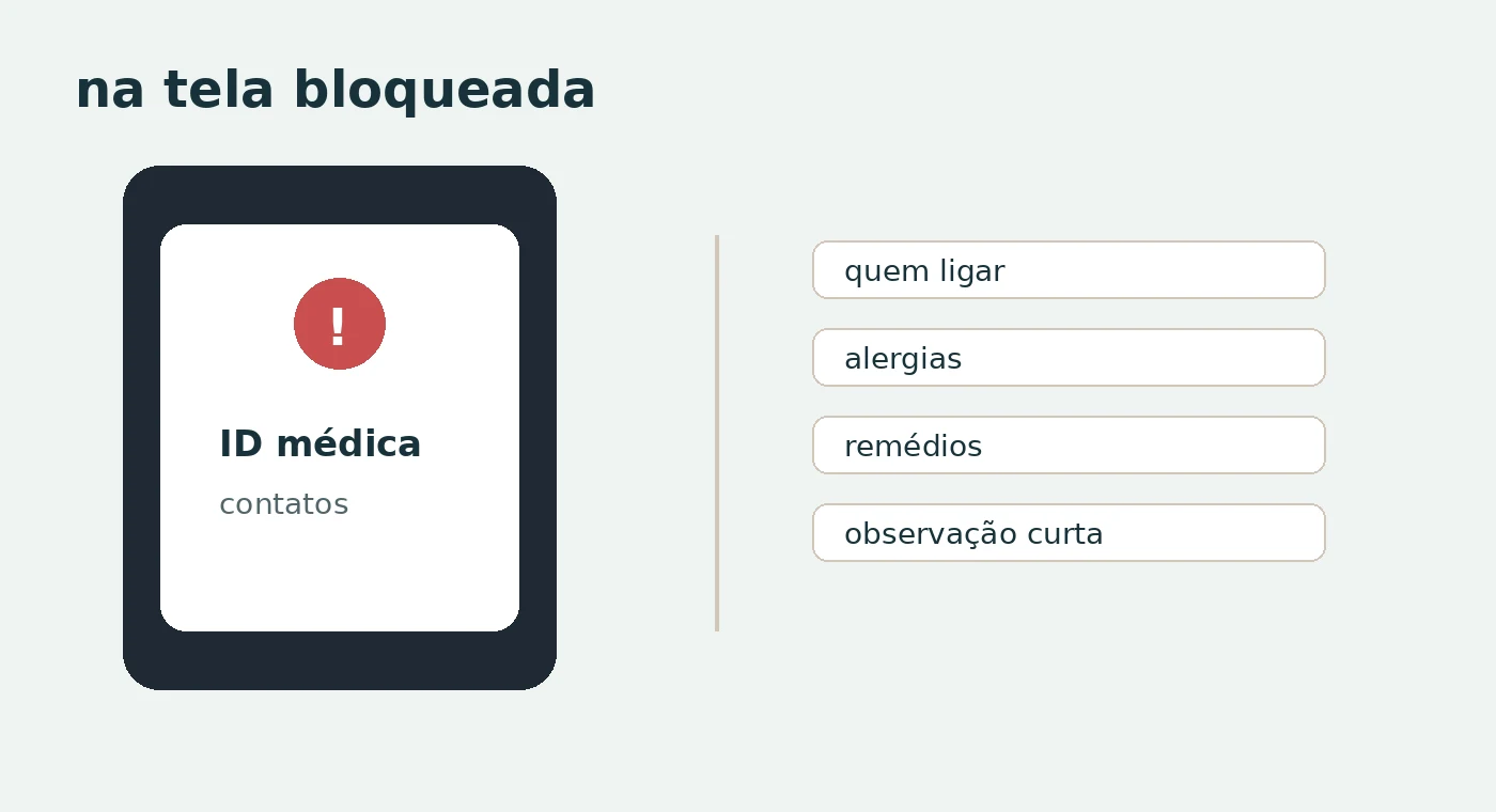 Tela bloqueada com acesso a ficha médica e contatos de emergência no celular.