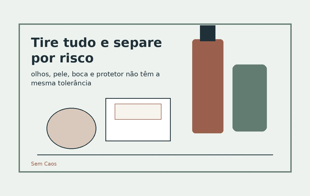 Triagem de maquiagem e cosméticos por tipo de uso no banheiro.
