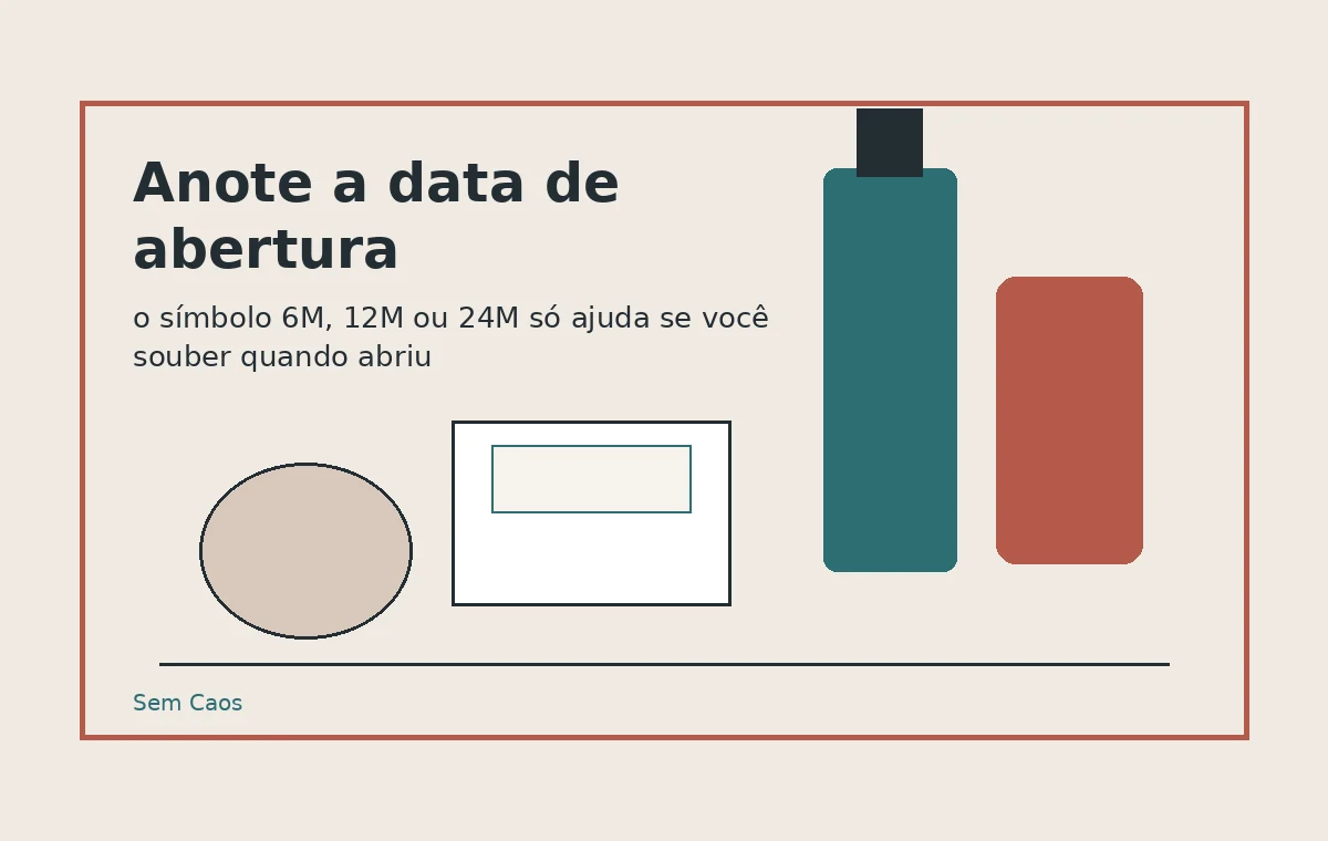 Etiqueta com data de abertura em cosméticos do banheiro.