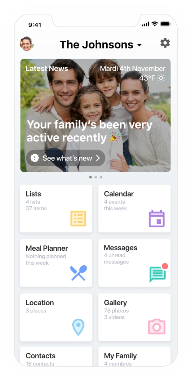 Captura oficial do FamilyWall mostrando painel familiar com agenda, listas e recados.