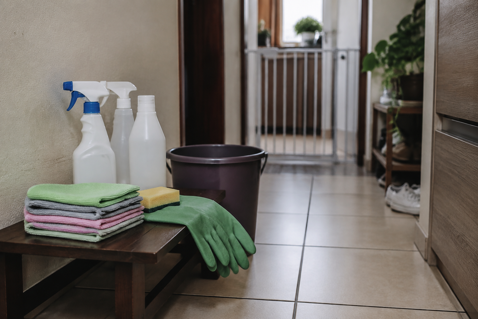 Bilhete curto com prioridades da faxina ao lado de produtos organizados e acesso facilitado na entrada da casa.