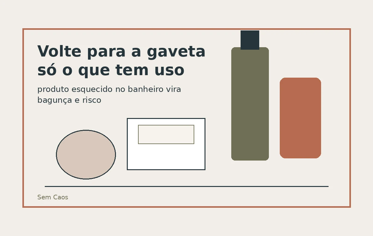 Gaveta de banheiro organizada com poucos cosméticos de uso real.