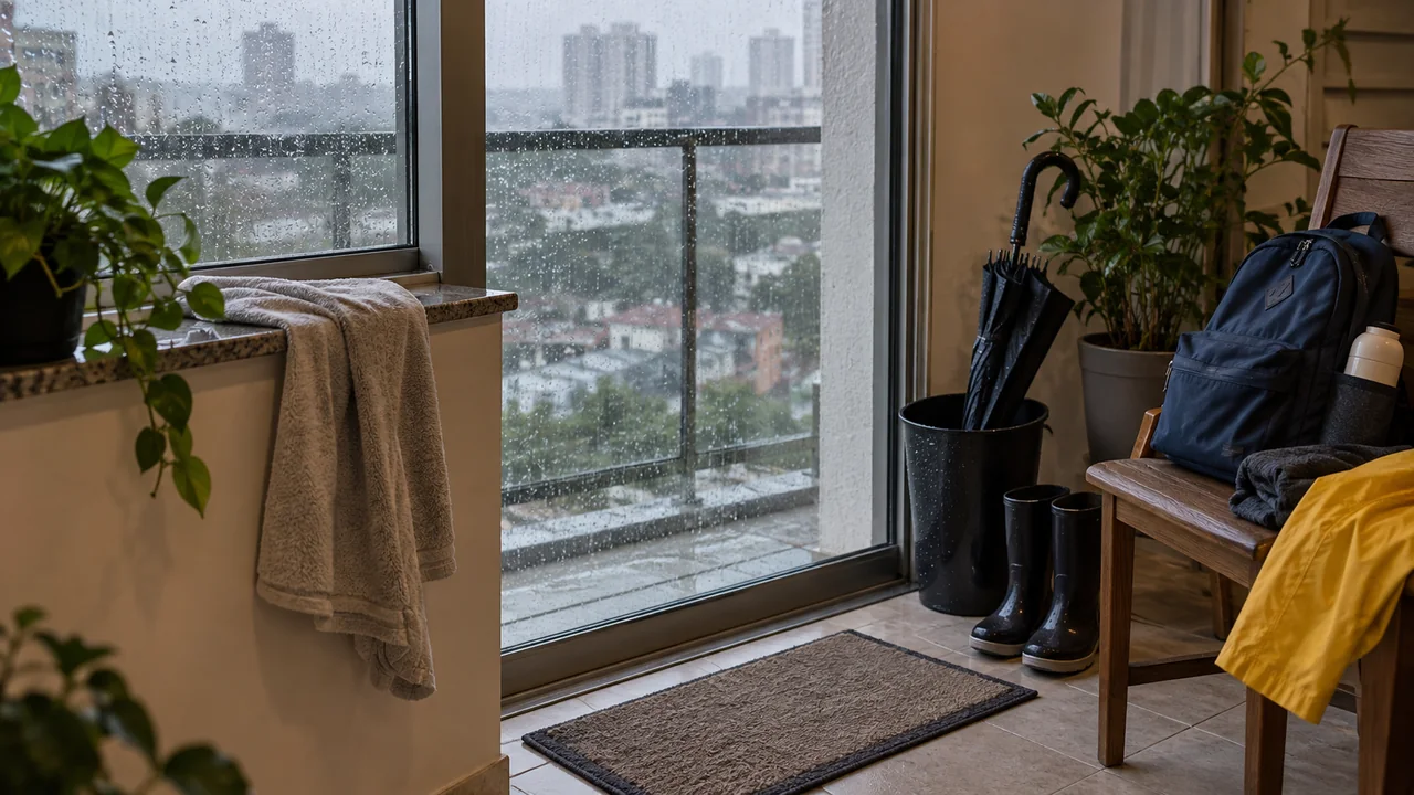 Janela de apartamento em dia de chuva, com guarda-chuva, mochila e itens de saida preparados.