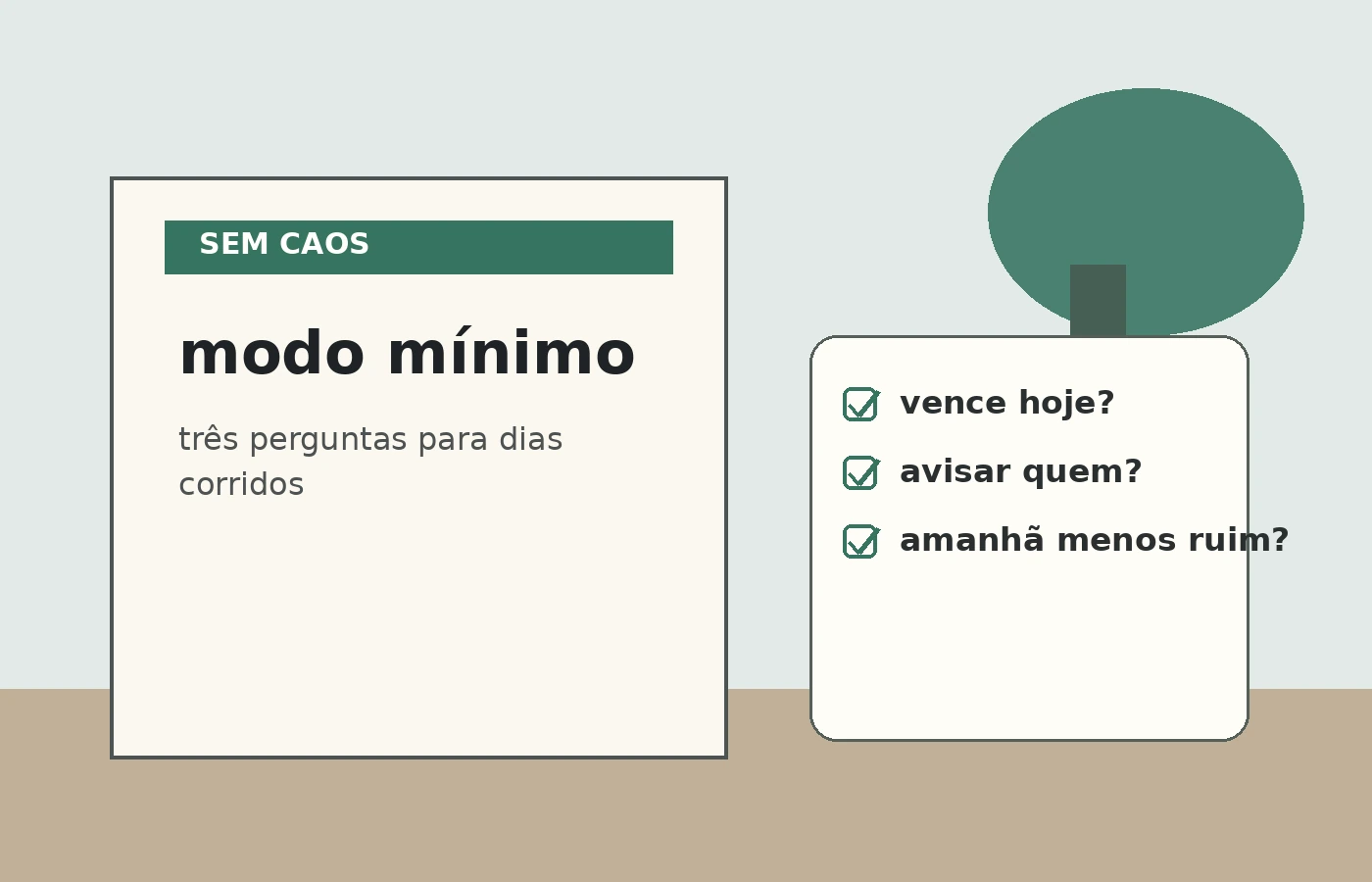 Versão mínima da checklist diária com três perguntas para dias corridos.