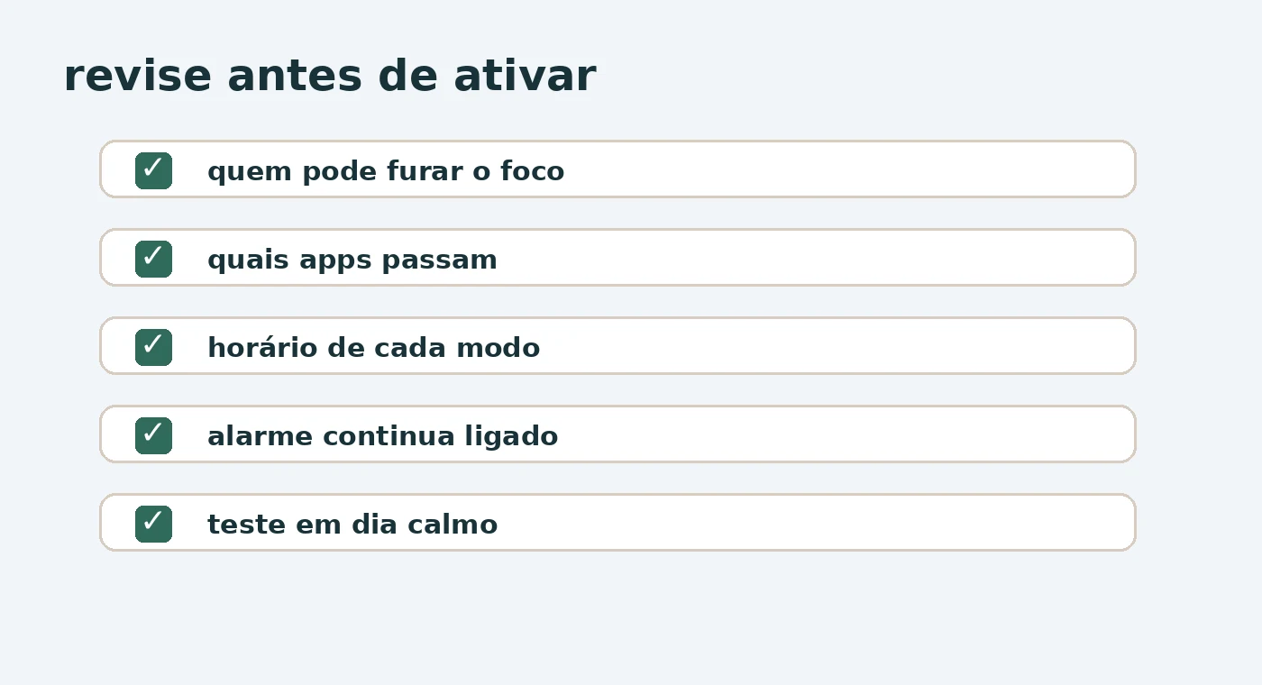 Checklist para revisar pessoas, apps, horário, alarme e teste do modo foco no celular.
