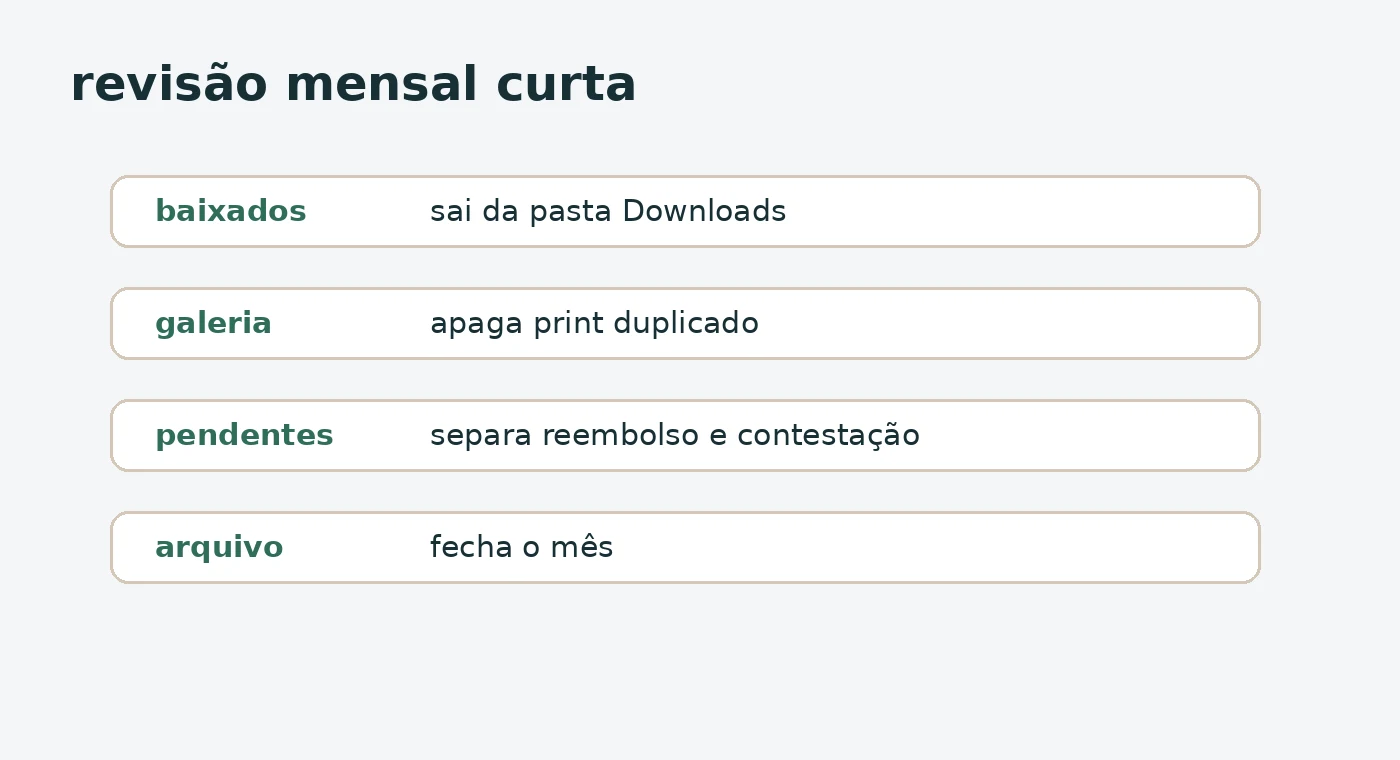 Checklist de revisão mensal para organizar comprovantes baixados, prints e pendências.