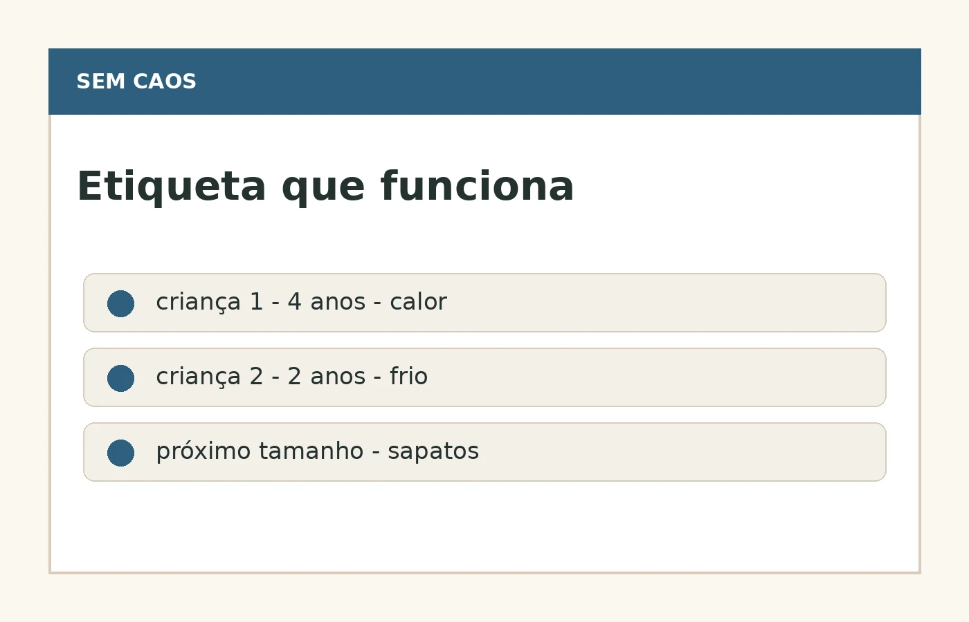 Exemplo visual de etiquetas para caixas de roupa infantil por tamanho e estação.