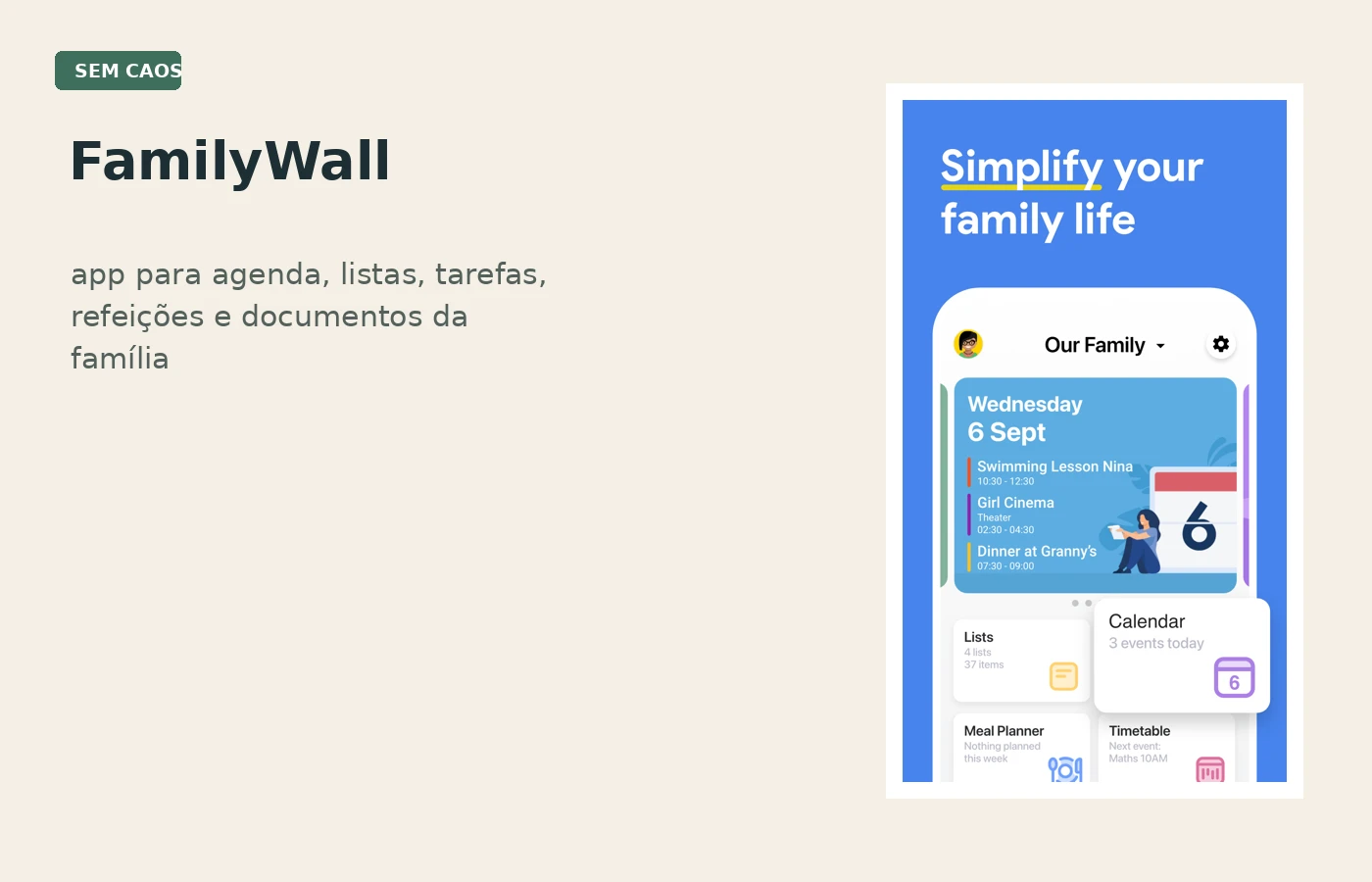FamilyWall no celular com agenda, listas e recursos de organização familiar.