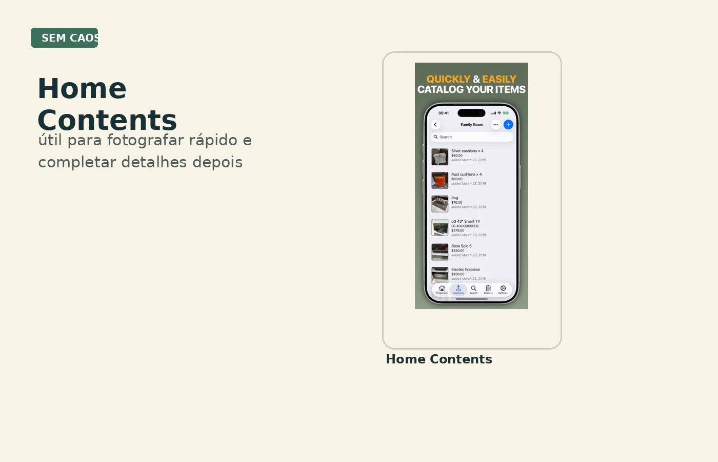 Tela real do Home Contents na App Store mostrando captura e organização de inventário.