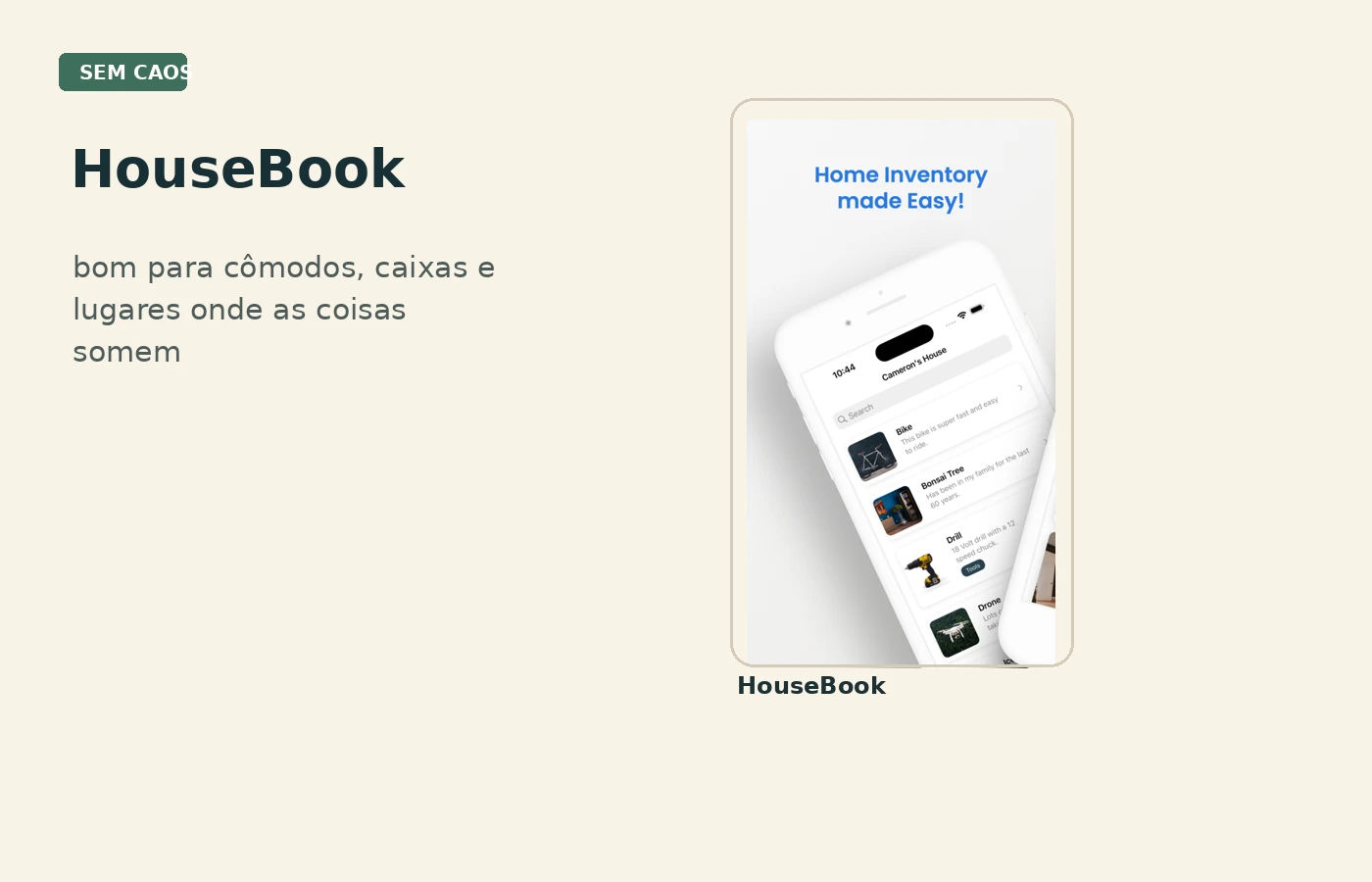 Tela real do HouseBook mostrando itens organizados em inventário doméstico.