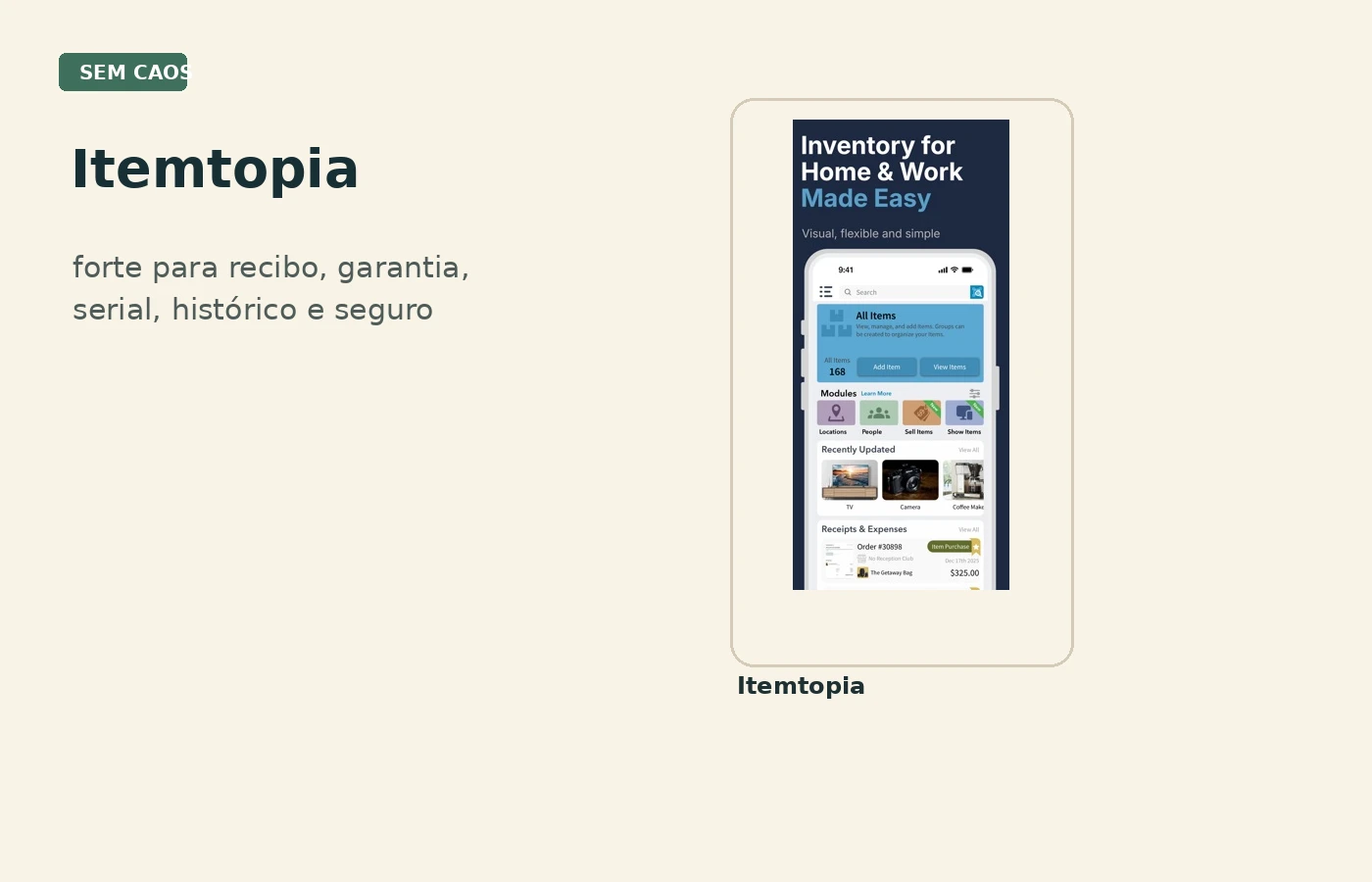 Tela real do Itemtopia mostrando inventário com itens, fotos e documentos.